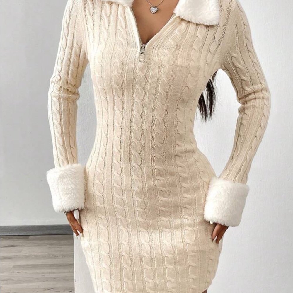 Cream Cable Knit Polo Faux Fur Collar Dress Winter Autumn